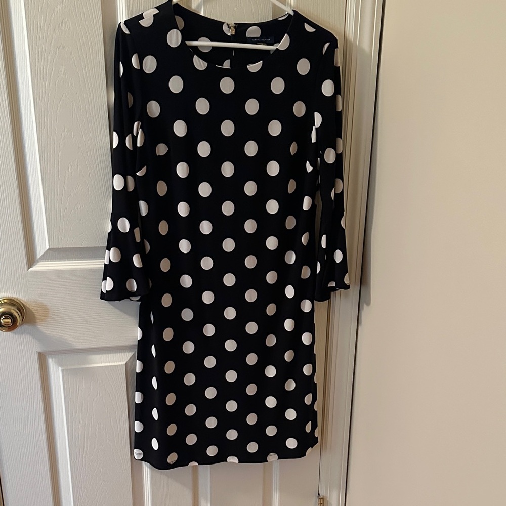 Tommy Hilfiger Black and White Polka Dot Midi Dress with 3/4 Sleeves